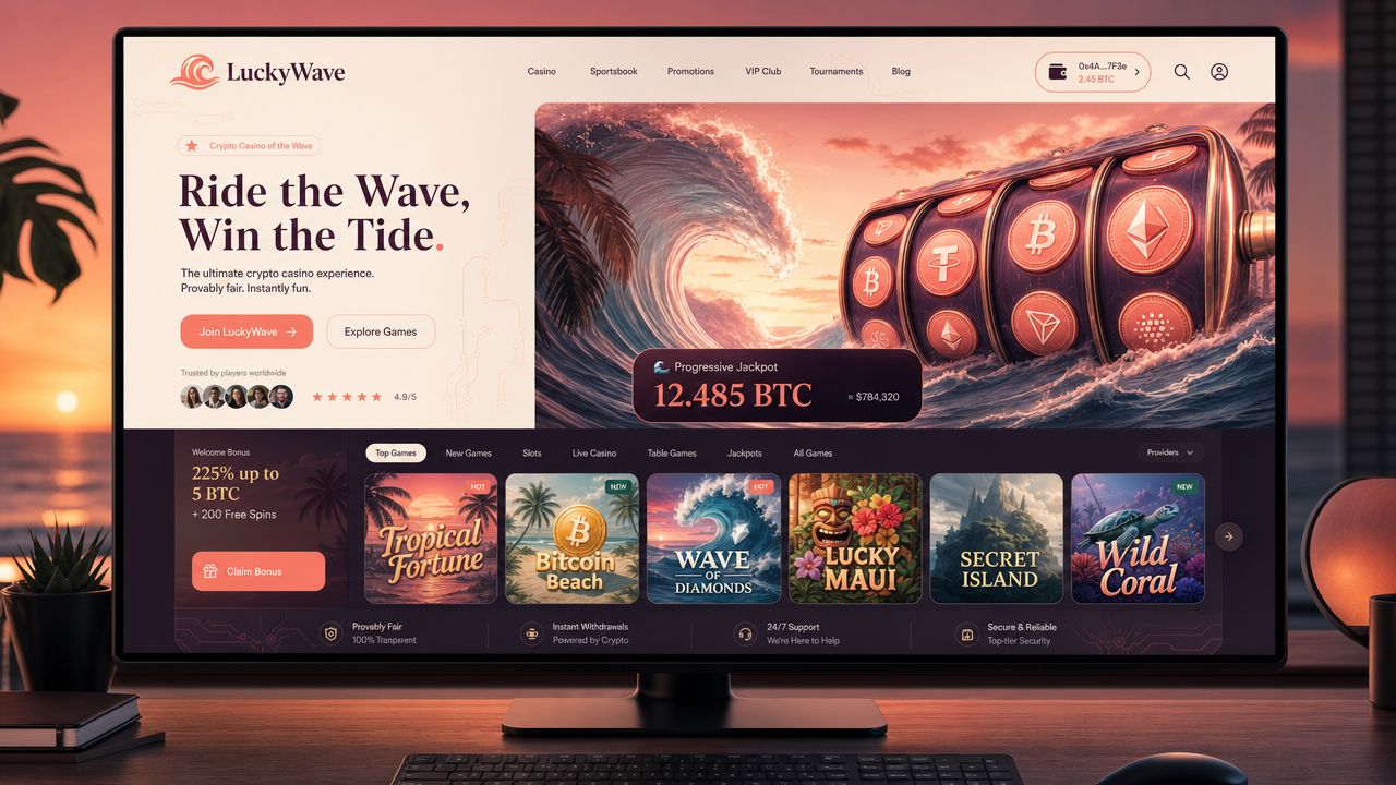 LuckyWave crypto casino homepage mockup with coral palette and wave-themed slot reels