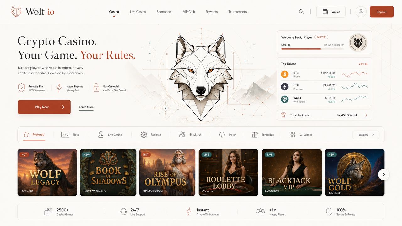 Wolf.io crypto casino homepage mockup with sportsbook and game categories