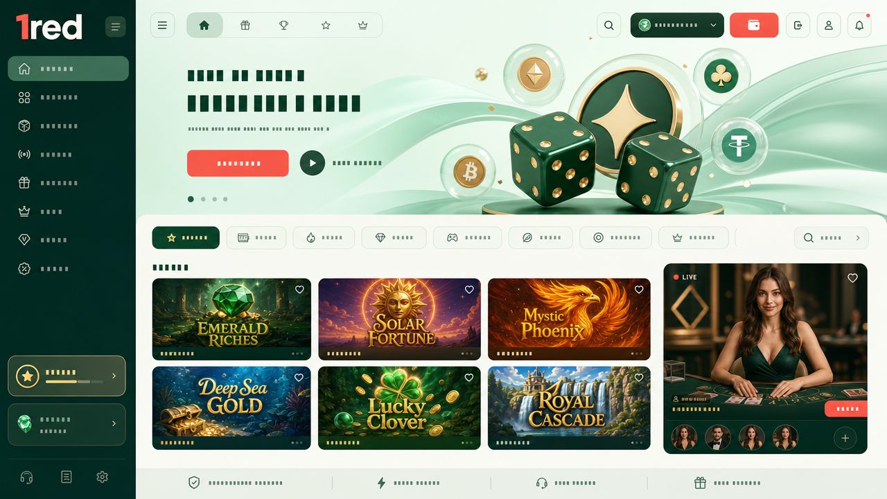 1red crypto casino homepage screenshot with game categories and wallet interface