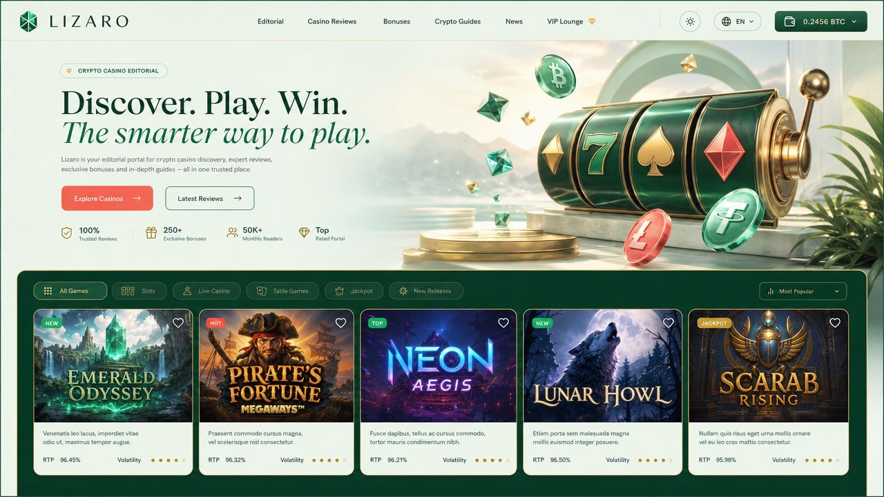Lizaro casino homepage mockup with mint and forest green editorial layout