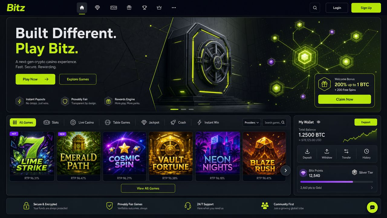 Bitz crypto casino desktop homepage UI mockup with lime green interface and game tile grid