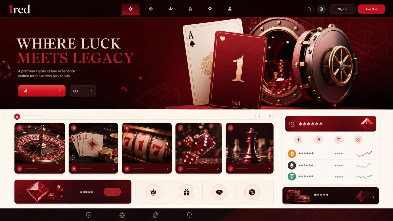 1red casino desktop interface showing red-themed layout with game tiles, live casino section, and sportsbook navigation