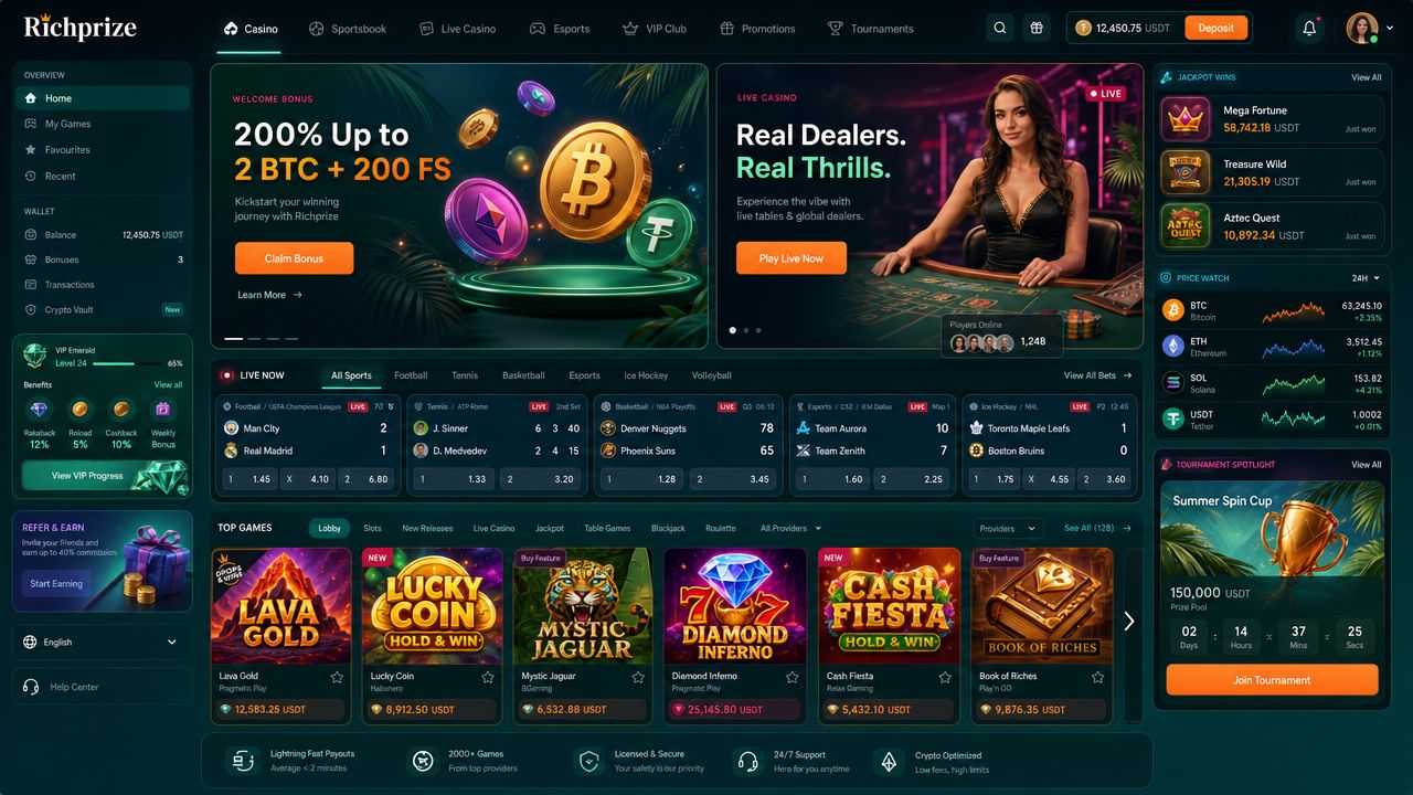Richprize crypto casino homepage mockup with sportsbook and slot tiles