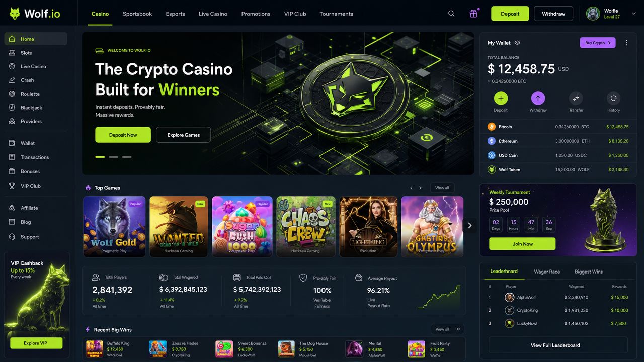 Wolf.io crypto casino desktop interface screenshot