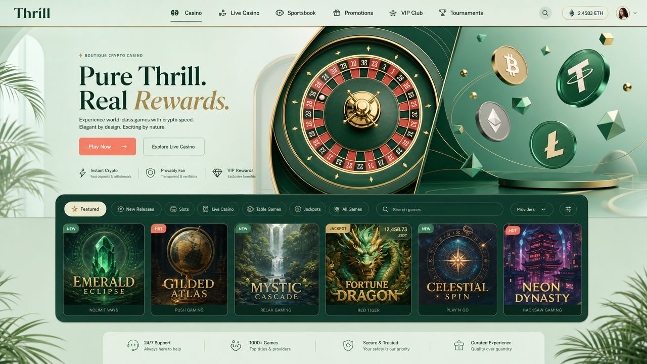 Thrill crypto casino homepage with emerald palette, live-casino tiles and integrated sportsbook navigation