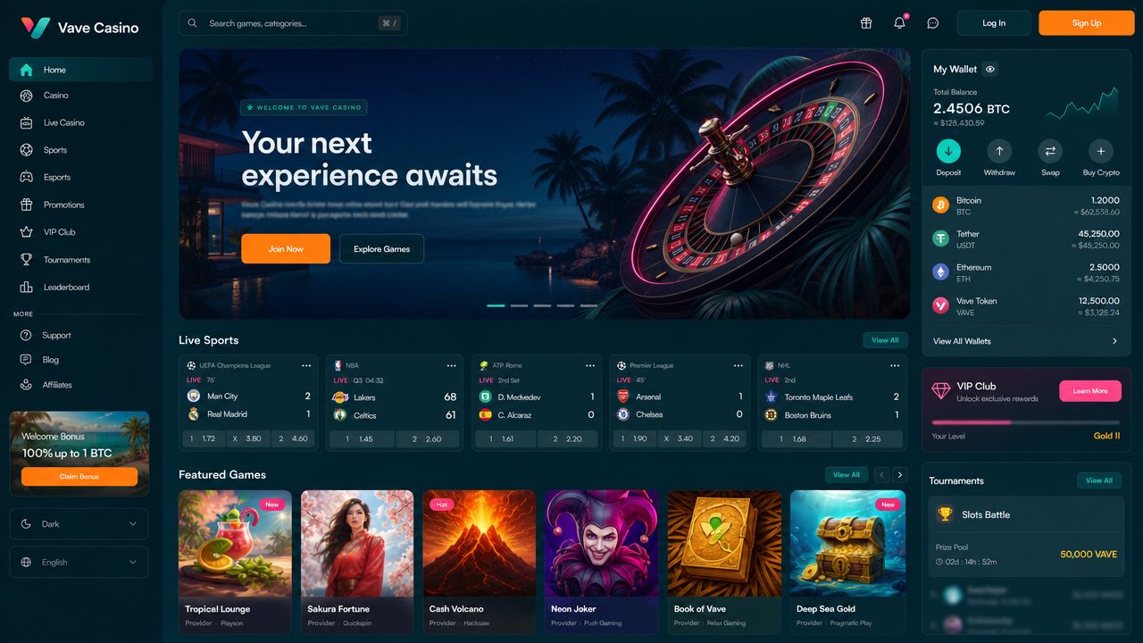 Vave Casino homepage mockup showing crypto casino and sportsbook interface