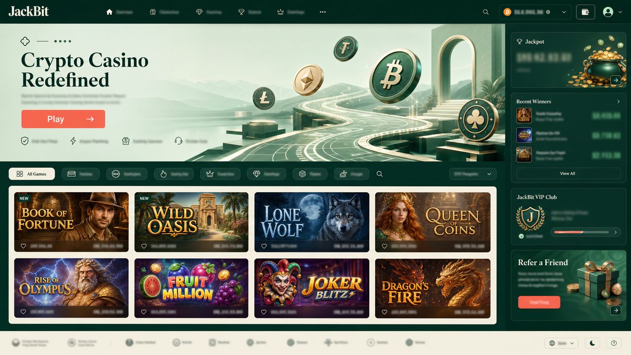 JackBit crypto casino homepage screenshot with slots grid and sportsbook navigation