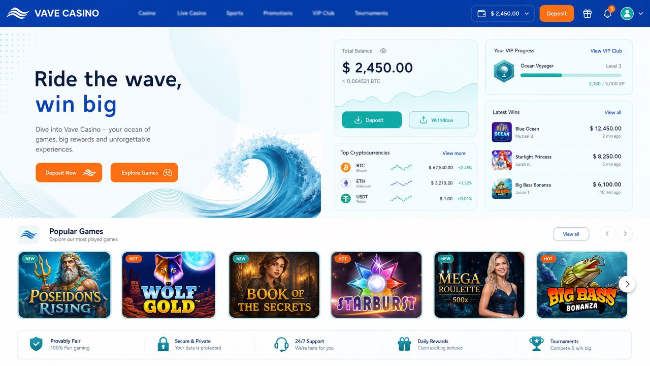 Vave Casino desktop interface showing the main lobby with game tiles and navigation