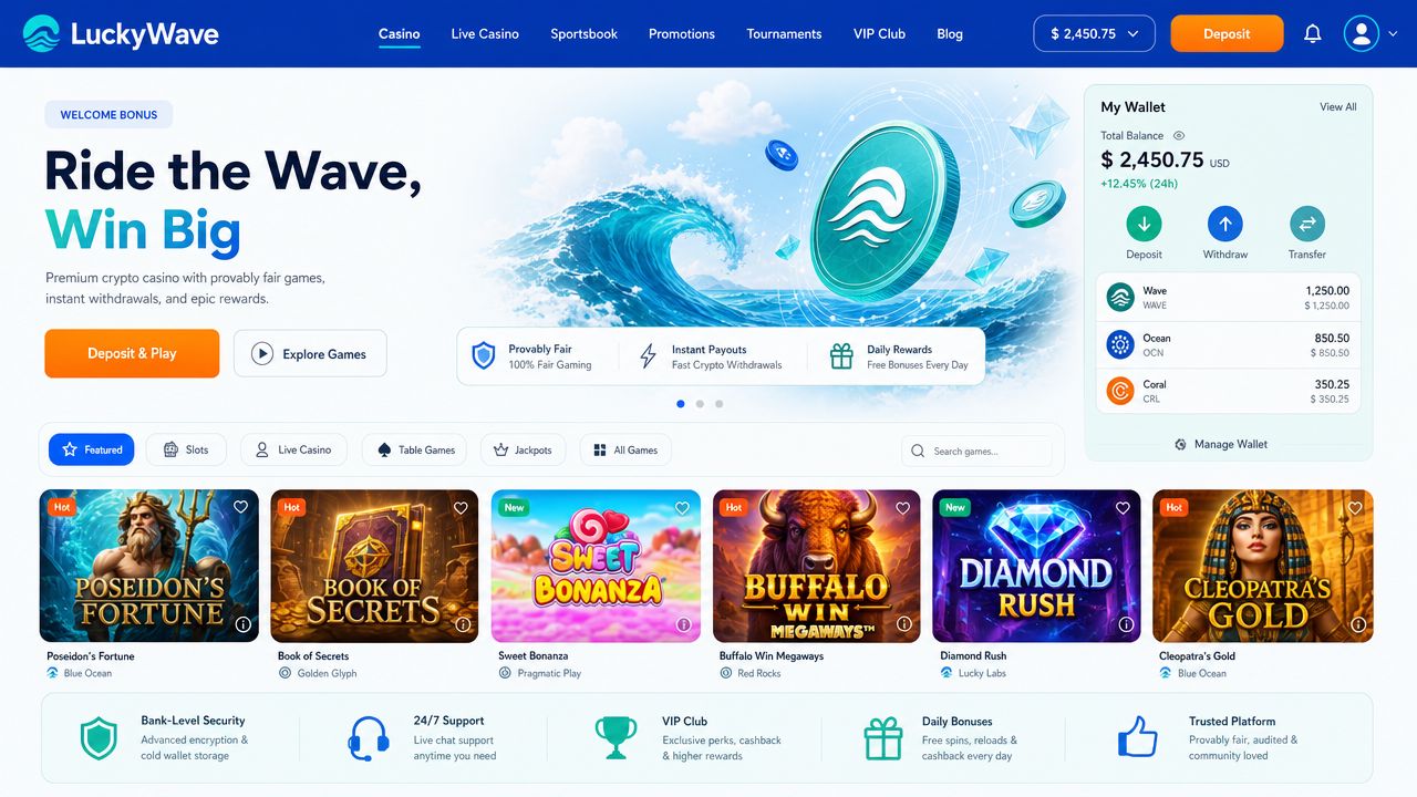 LuckyWave casino homepage featuring game grid, wallet widget, and category filter tabs on an ocean-toned interface