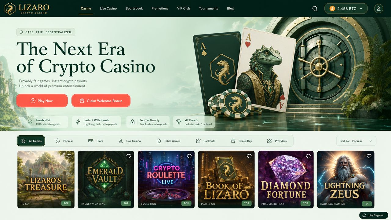 Lizaro casino desktop interface with Wild West theme, lizard mascot, green and gold color scheme, game lobby showing slots and live casino category tabs