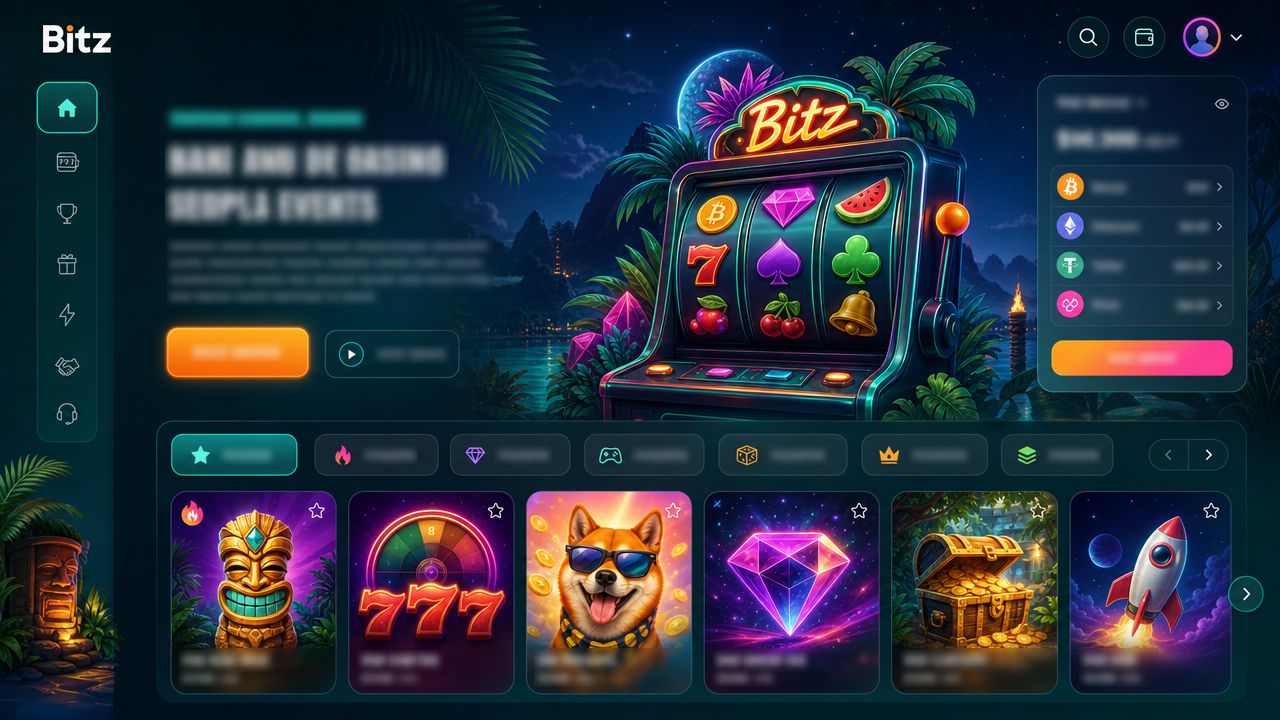 Bitz casino homepage mockup showing game tiles and wallet interface