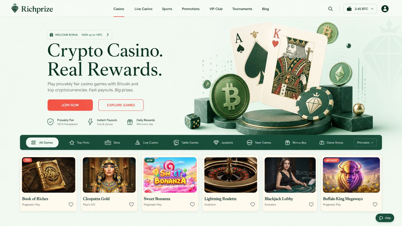 Richprize online casino desktop interface showing slot lobby, live casino section and navigation menu
