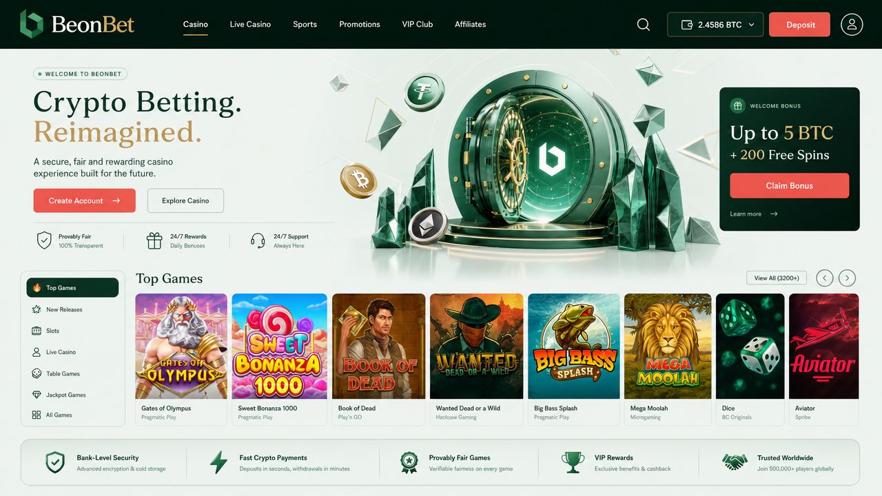 BeonBet casino homepage showing game categories, sportsbook navigation, and welcome offer panel